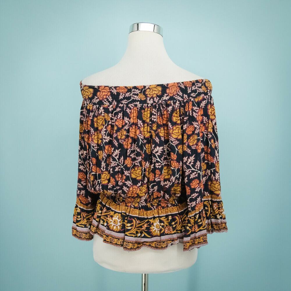 Raga Anthropologie Size Small S Black Floral Off The Shoulder Peplum Top - Picture 3 of 5